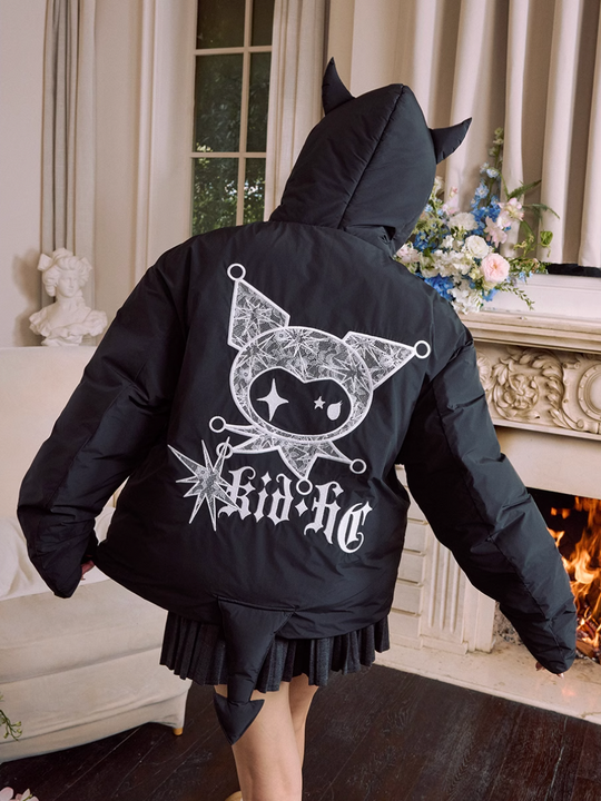 Harsh and Cruel Devil Lace Patch Embroidery Hooded Puffer Jacket | Face 3 Face
