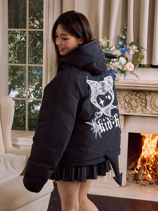 Harsh and Cruel Devil Lace Patch Embroidery Hooded Puffer Jacket | Face 3 Face