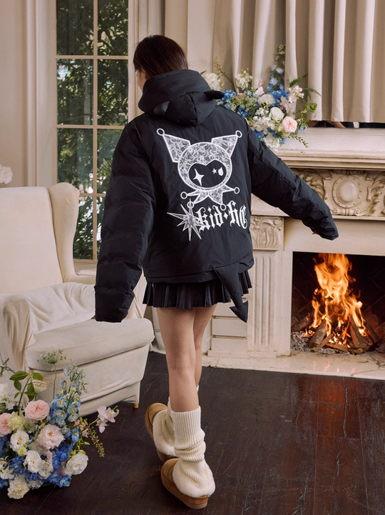 Harsh and Cruel Devil Lace Patch Embroidery Hooded Puffer Jacket | Face 3 Face