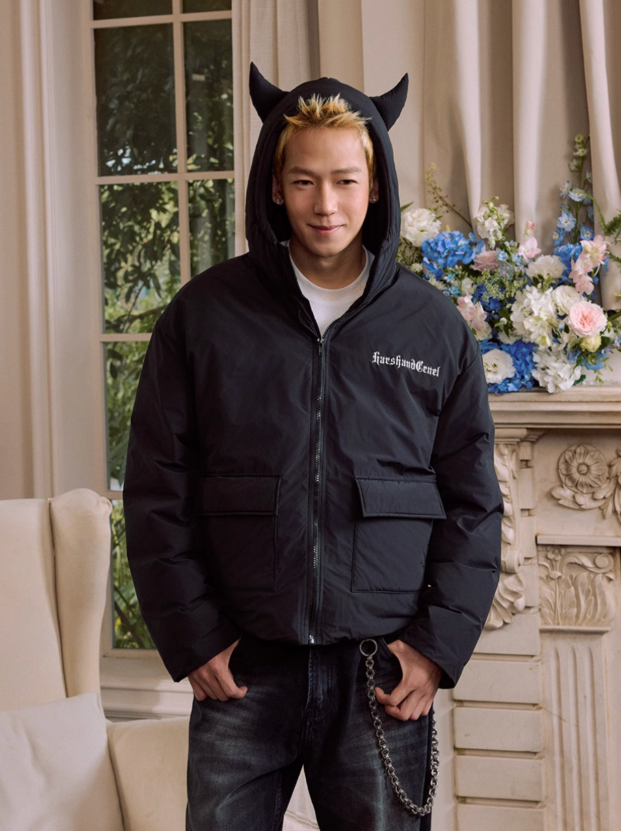 Harsh and Cruel Devil Lace Patch Embroidery Hooded Puffer Jacket | Face 3 Face