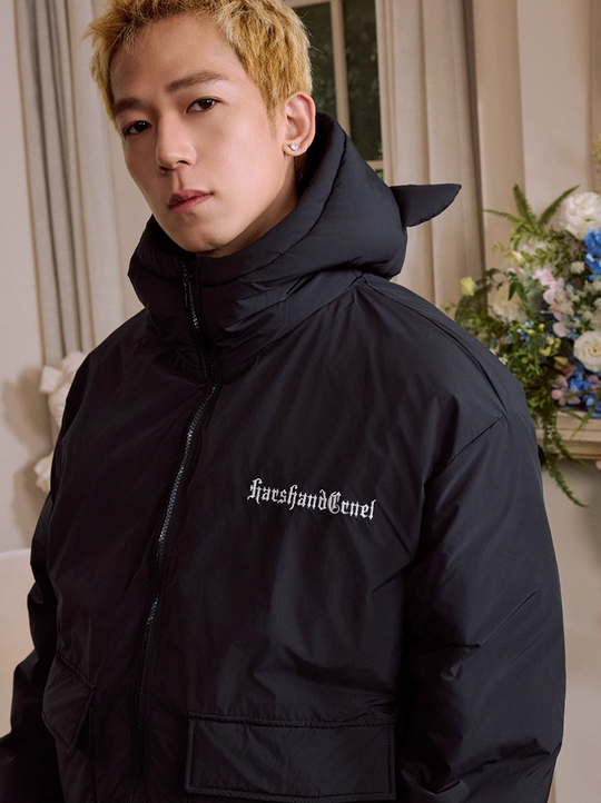 Harsh and Cruel Devil Lace Patch Embroidery Hooded Puffer Jacket | Face 3 Face