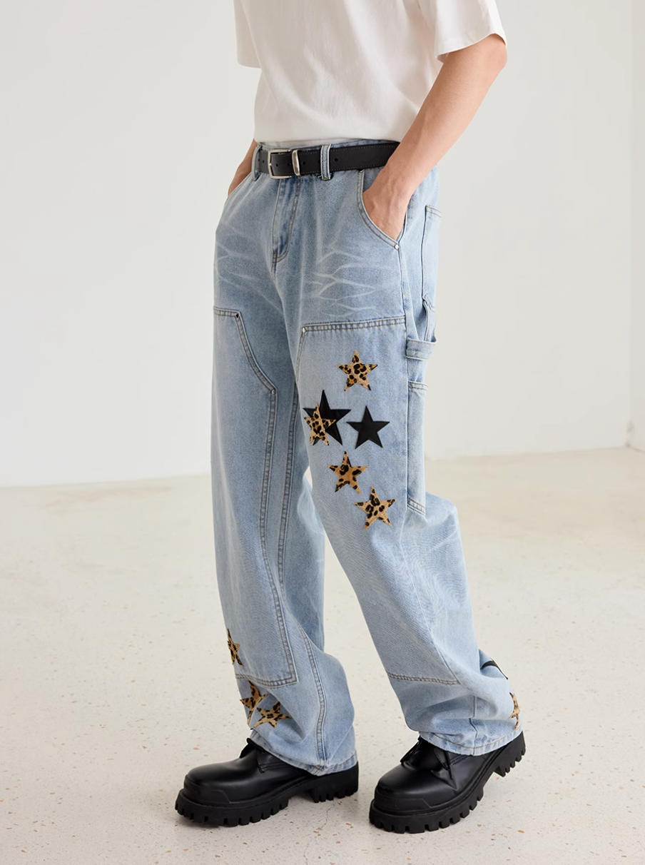 Harsh and Cruel Vintage Star Patches Double Knee Jeans | Face 3 Face