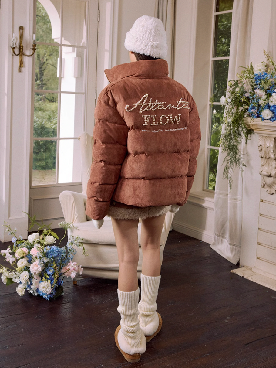 Harsh and Cruel Font Pearl Embroidery Suede Down Jacket | Face 3 Face