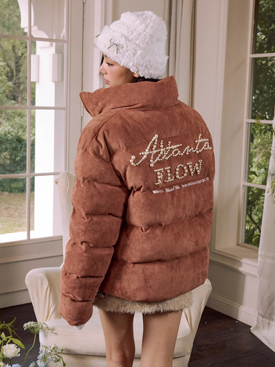 Harsh and Cruel Font Pearl Embroidery Suede Down Jacket | Face 3 Face