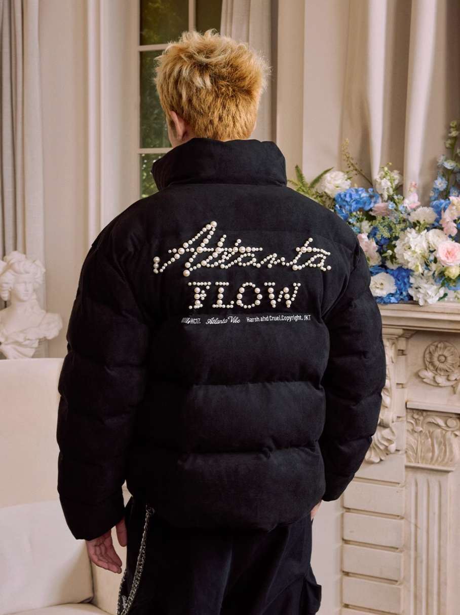 Harsh and Cruel Font Pearl Embroidery Suede Down Jacket | Face 3 Face