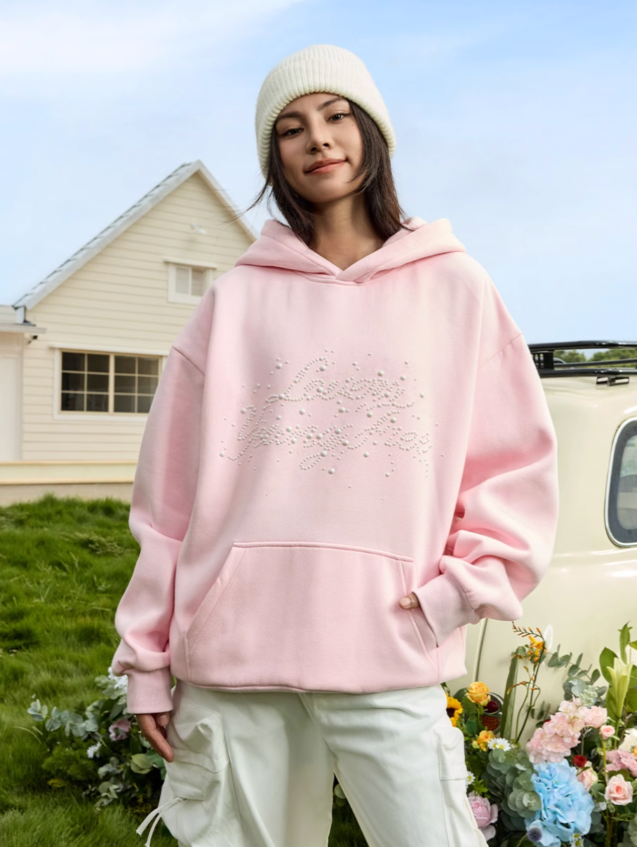 Harsh and Cruel Handwritten Font Pearl Embellished Crafted Hoodie | Face 3 Face