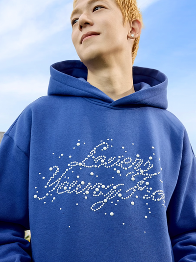 Harsh and Cruel Handwritten Font Pearl Embellished Crafted Hoodie | Face 3 Face