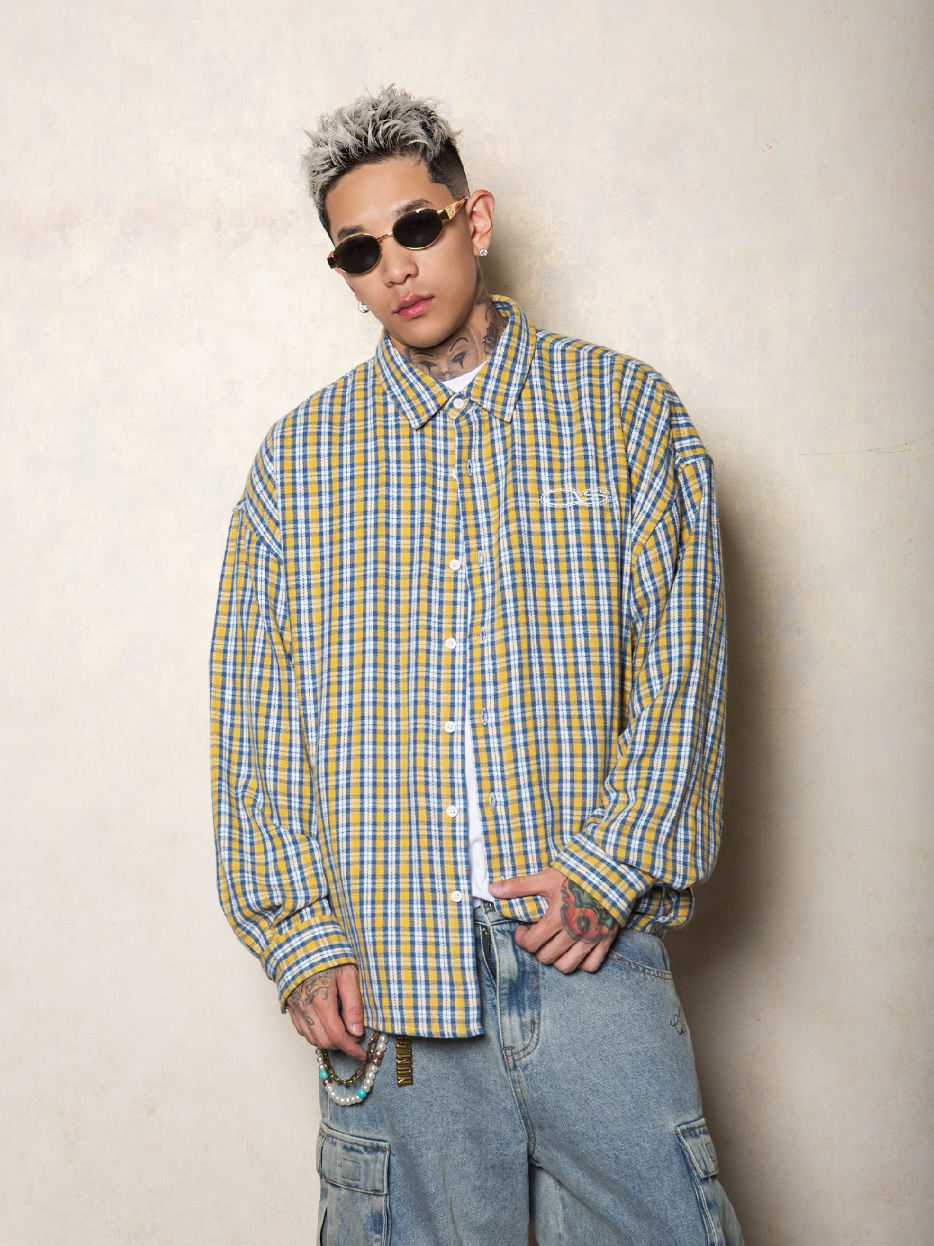 S45 Basic Embroidered Logo Plaid Long Sleeved Shirt | Face 3 Face