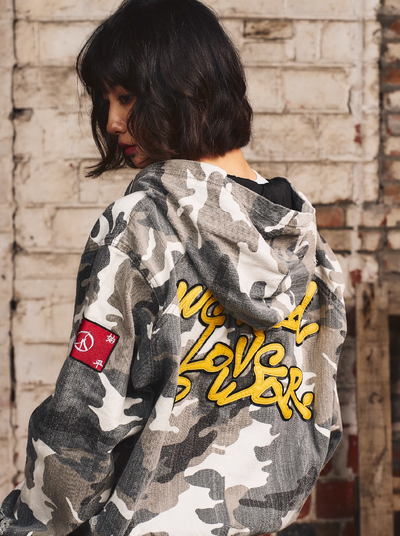 S45 Camouflage Slogan Patch Leather Hooded Jacket | Face 3 Face