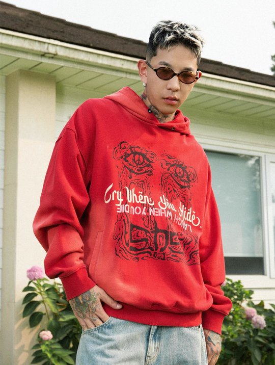 S45 Gradient Washed Tears Girl Print Hoodie | Face 3 Face