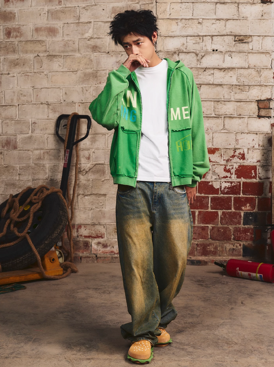 S45 Washed Flocking 3D Printed Zip Up Hoodie | Face 3 Face