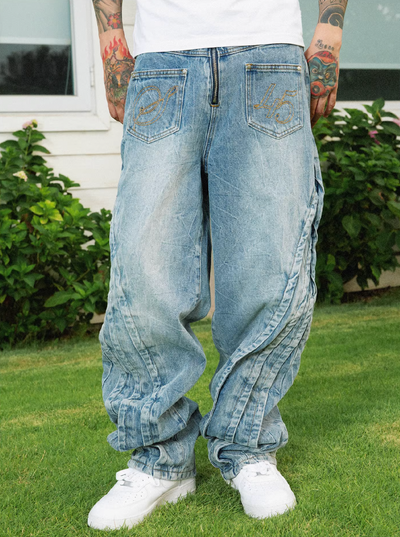 S45 Washed Vintage Stitching Baggy Jeans | Face 3 Face