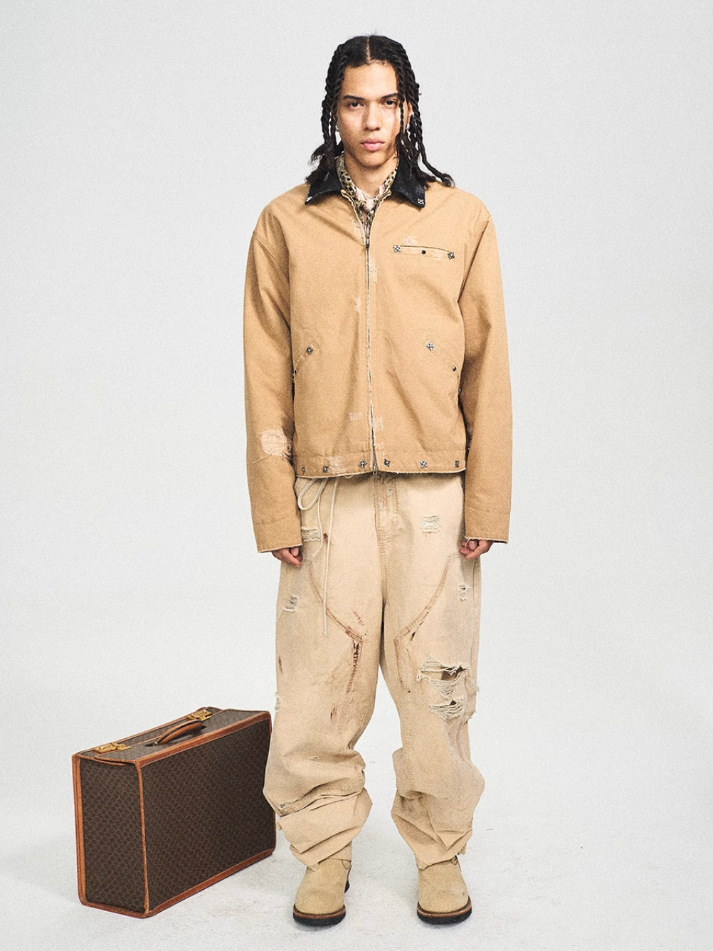 STEEPC Vintage Washed Ripped Studded Lapel Work Jacket | Face 3 Face