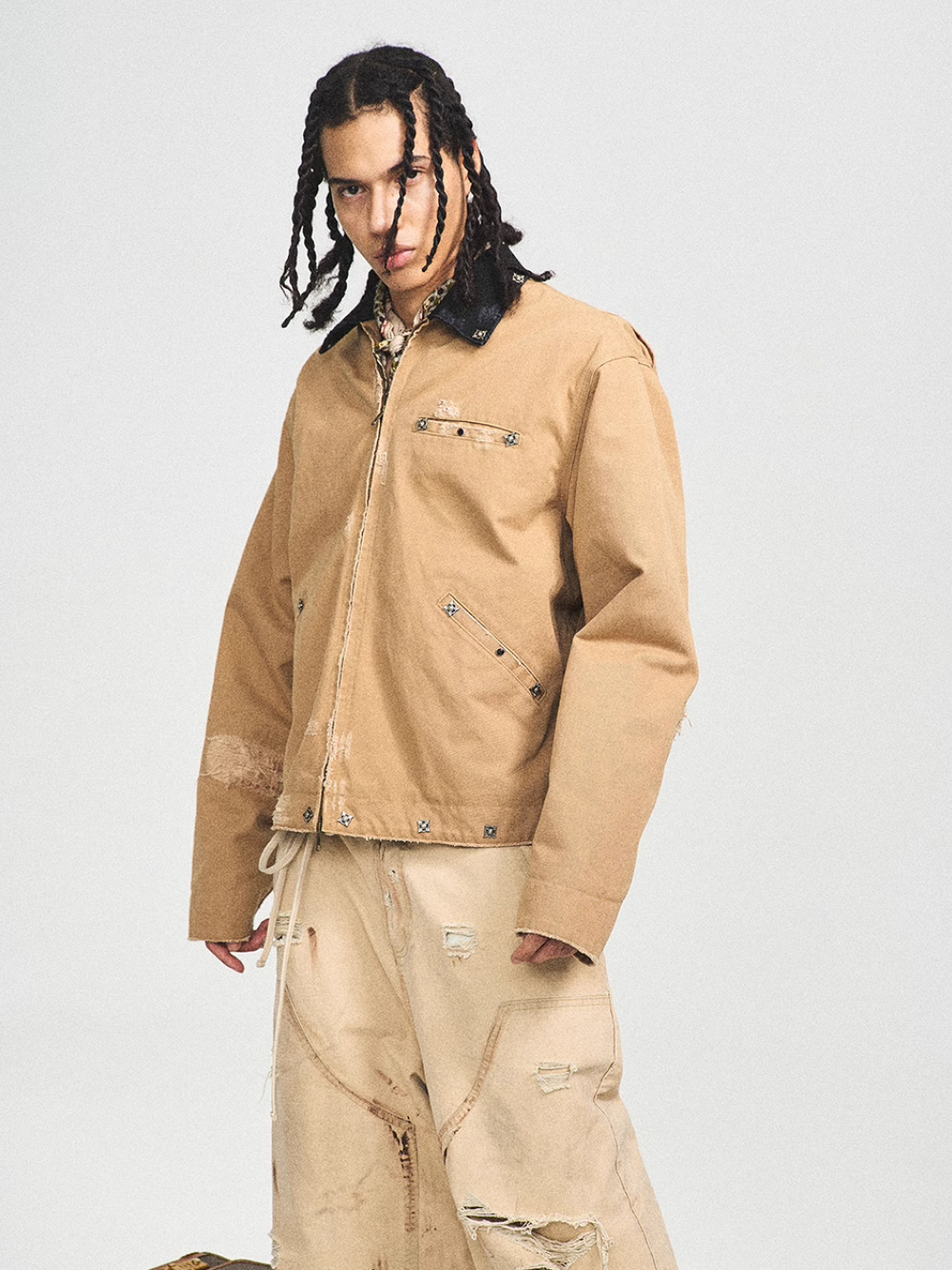 STEEPC Vintage Washed Ripped Studded Lapel Work Jacket | Face 3 Face