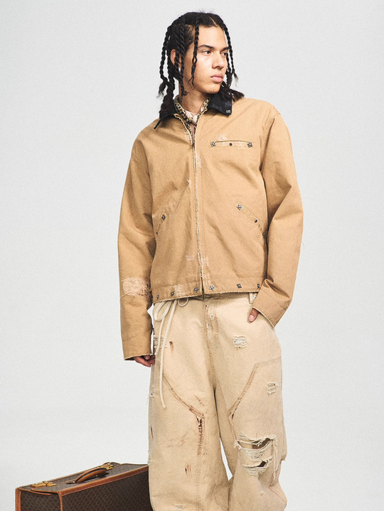 STEEPC Vintage Washed Ripped Studded Lapel Work Jacket | Face 3 Face