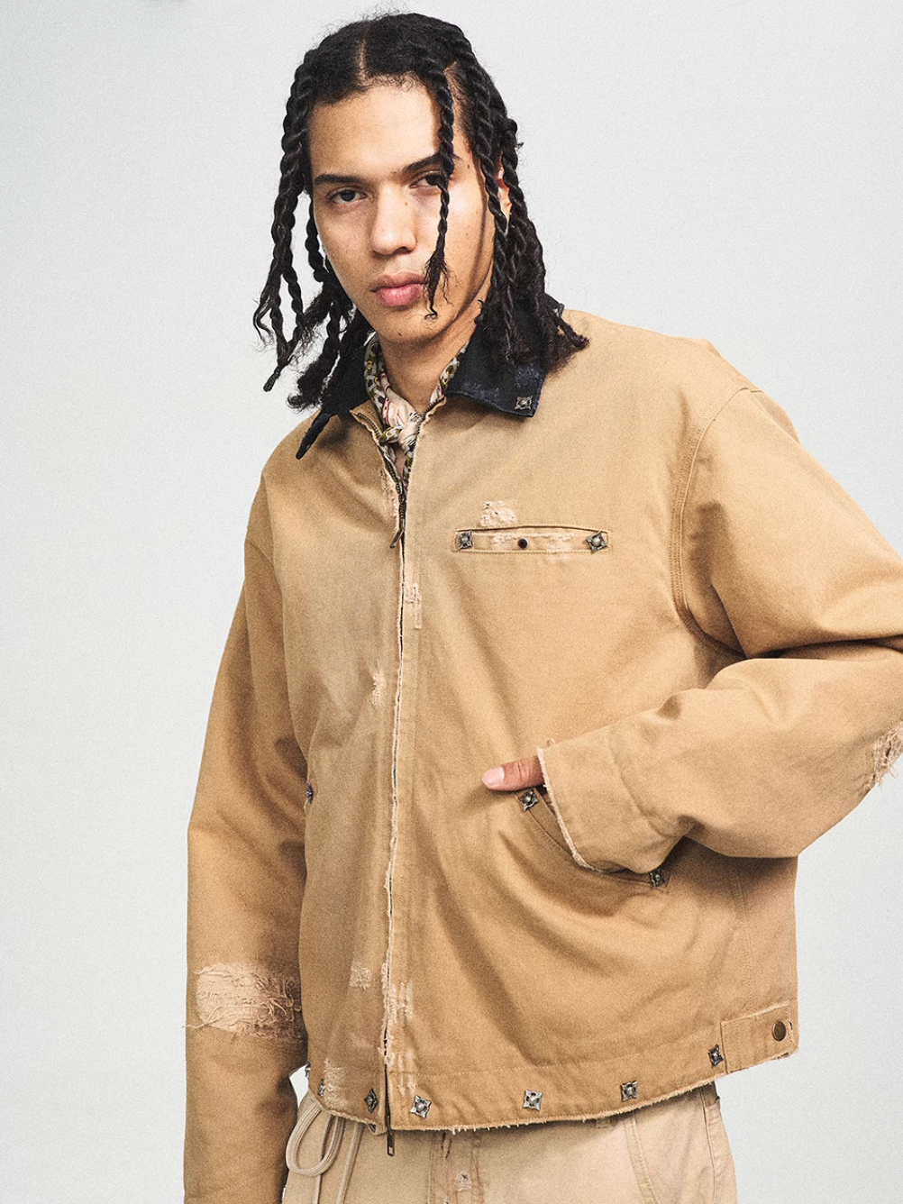 STEEPC Vintage Washed Ripped Studded Lapel Work Jacket | Face 3 Face