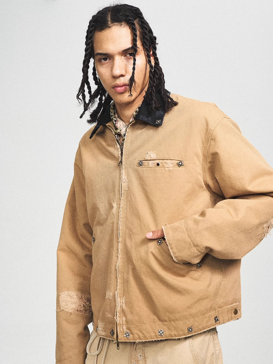 STEEPC Vintage Washed Ripped Studded Lapel Work Jacket | Face 3 Face