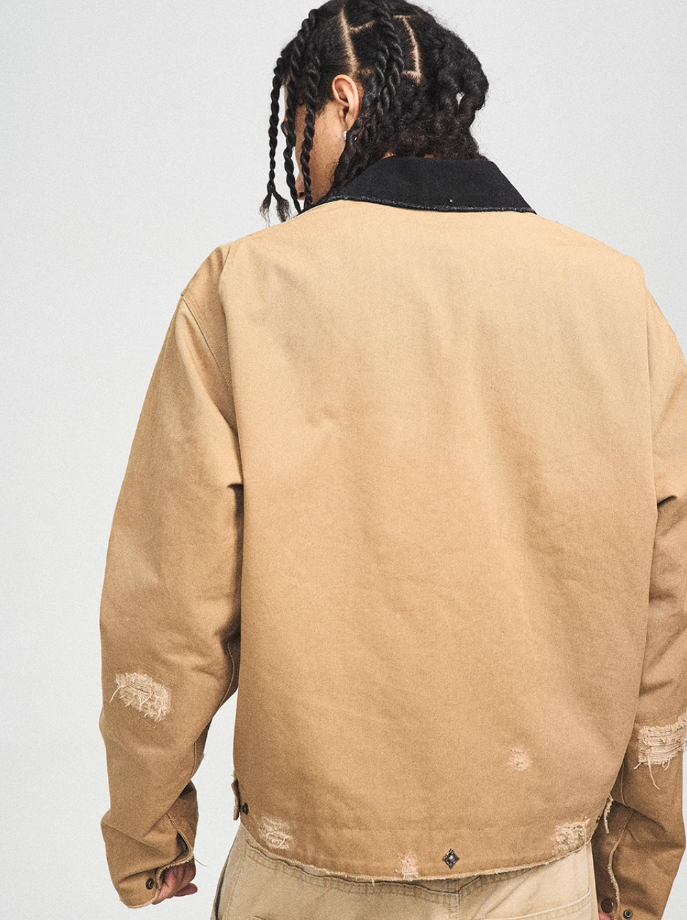 STEEPC Vintage Washed Ripped Studded Lapel Work Jacket | Face 3 Face