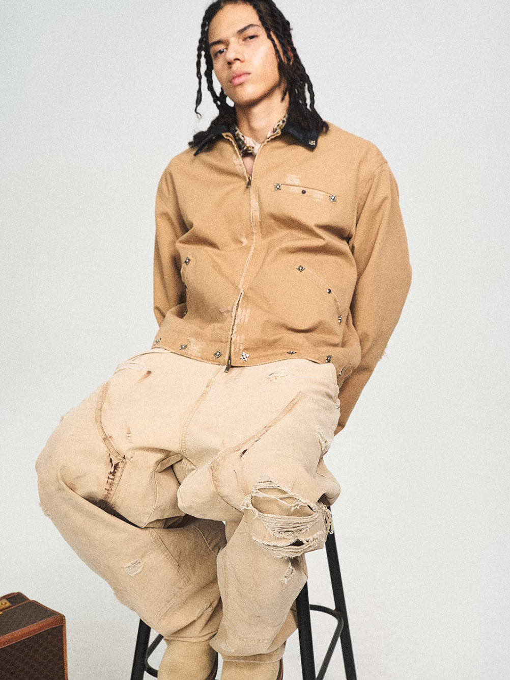 STEEPC Vintage Washed Ripped Studded Lapel Work Jacket | Face 3 Face