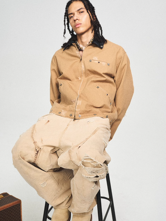 STEEPC Vintage Washed Ripped Studded Lapel Work Jacket | Face 3 Face