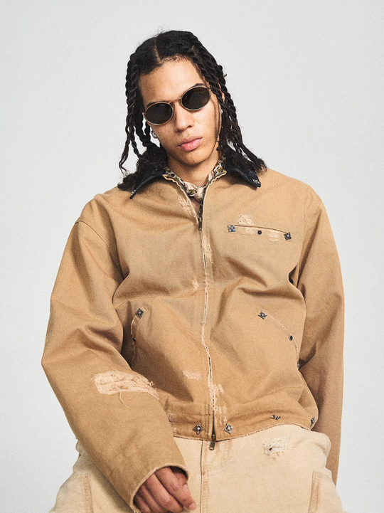 STEEPC Vintage Washed Ripped Studded Lapel Work Jacket | Face 3 Face