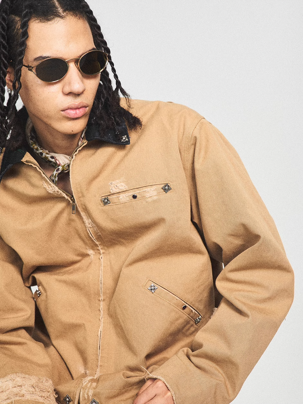 STEEPC Vintage Washed Ripped Studded Lapel Work Jacket | Face 3 Face