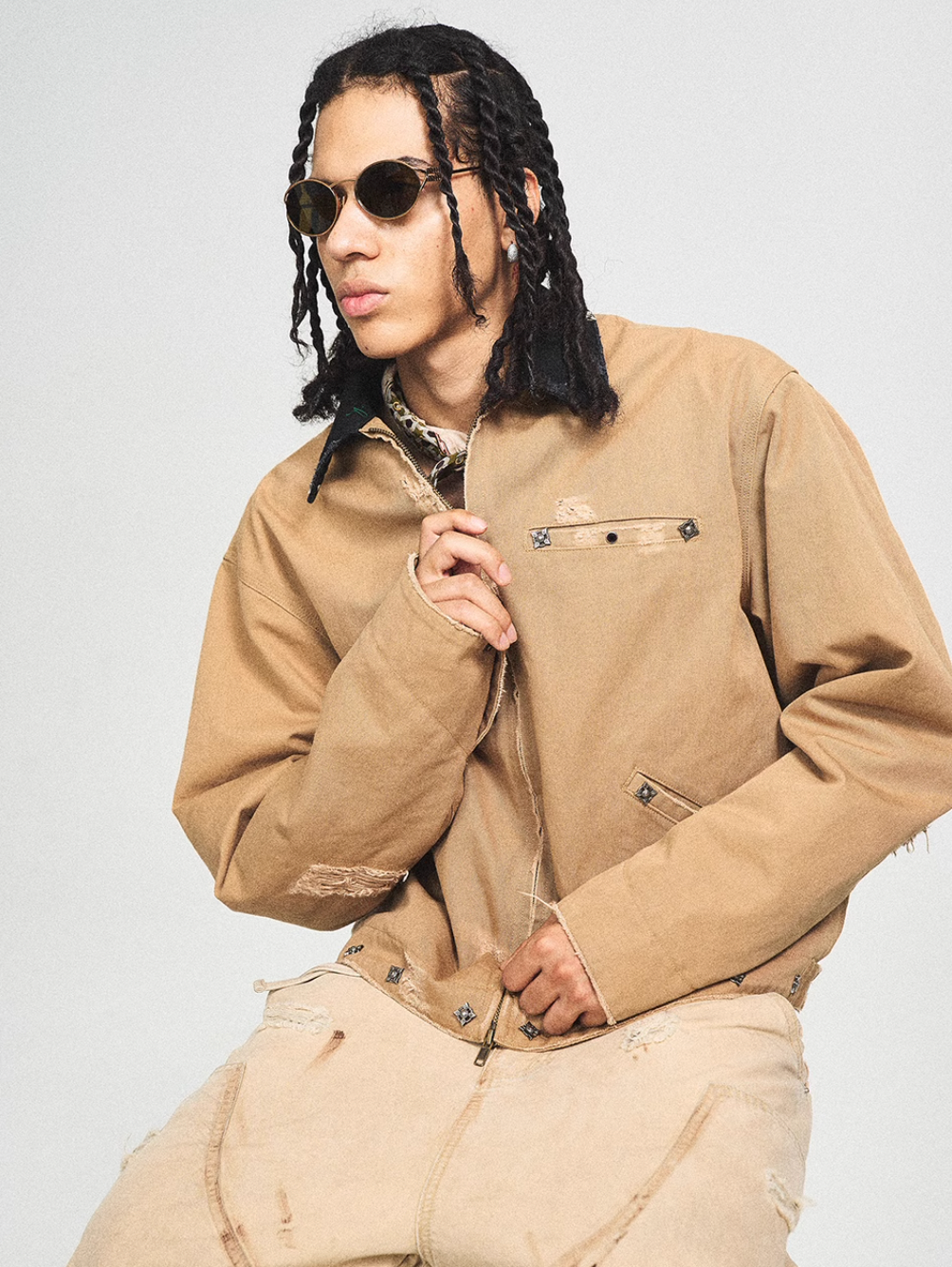 STEEPC Vintage Washed Ripped Studded Lapel Work Jacket | Face 3 Face