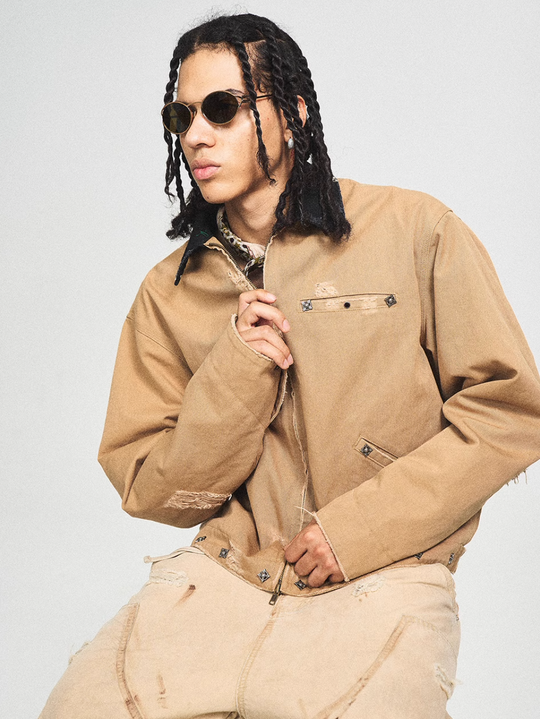 STEEPC Vintage Washed Ripped Studded Lapel Work Jacket | Face 3 Face