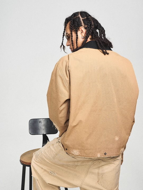 STEEPC Vintage Washed Ripped Studded Lapel Work Jacket | Face 3 Face