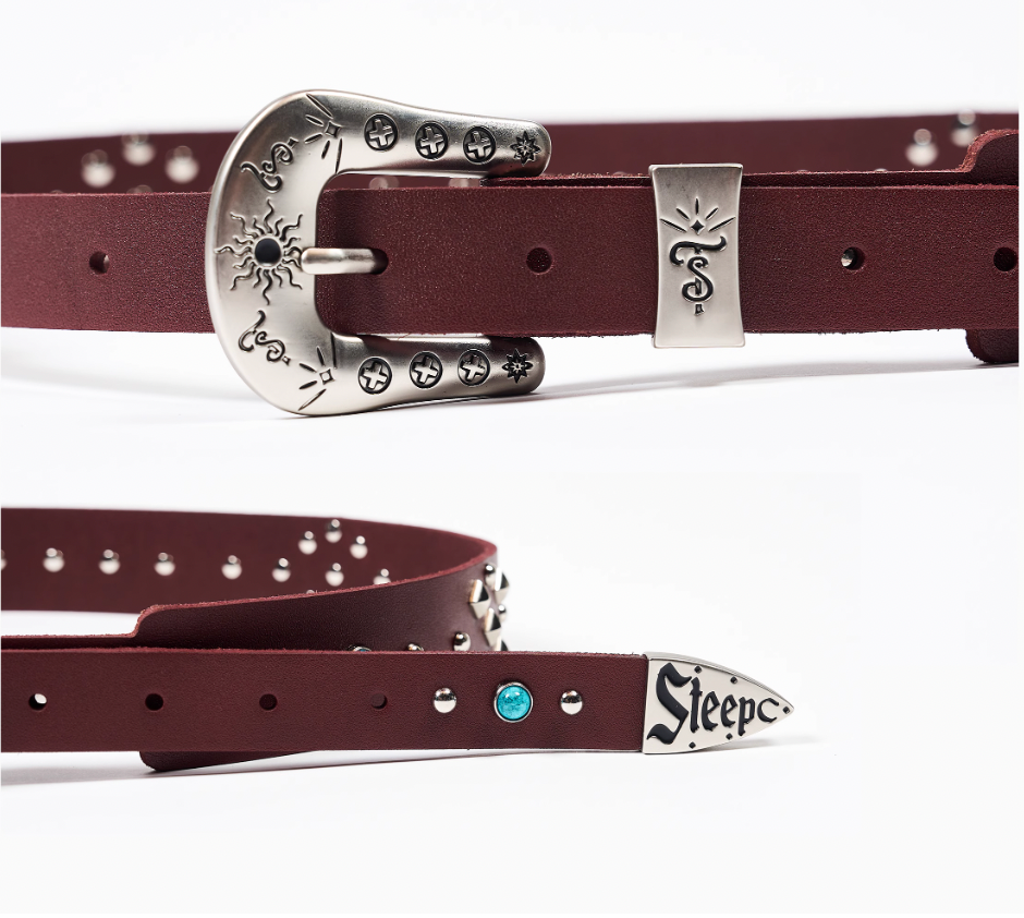 STEEPC Turquoise Studded Tanned Leather Belt | Face 3 Face