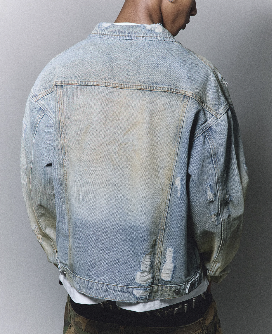 ANTIDOTE Washed Dirty Hole Denim Jacket | Face 3 Face