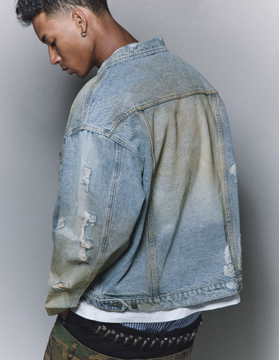 ANTIDOTE Washed Dirty Hole Denim Jacket | Face 3 Face