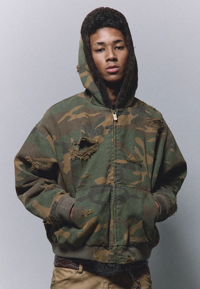 ANTIDOTE Fur Hooded Hole Washed Camouflage Jacket | Face 3 Face