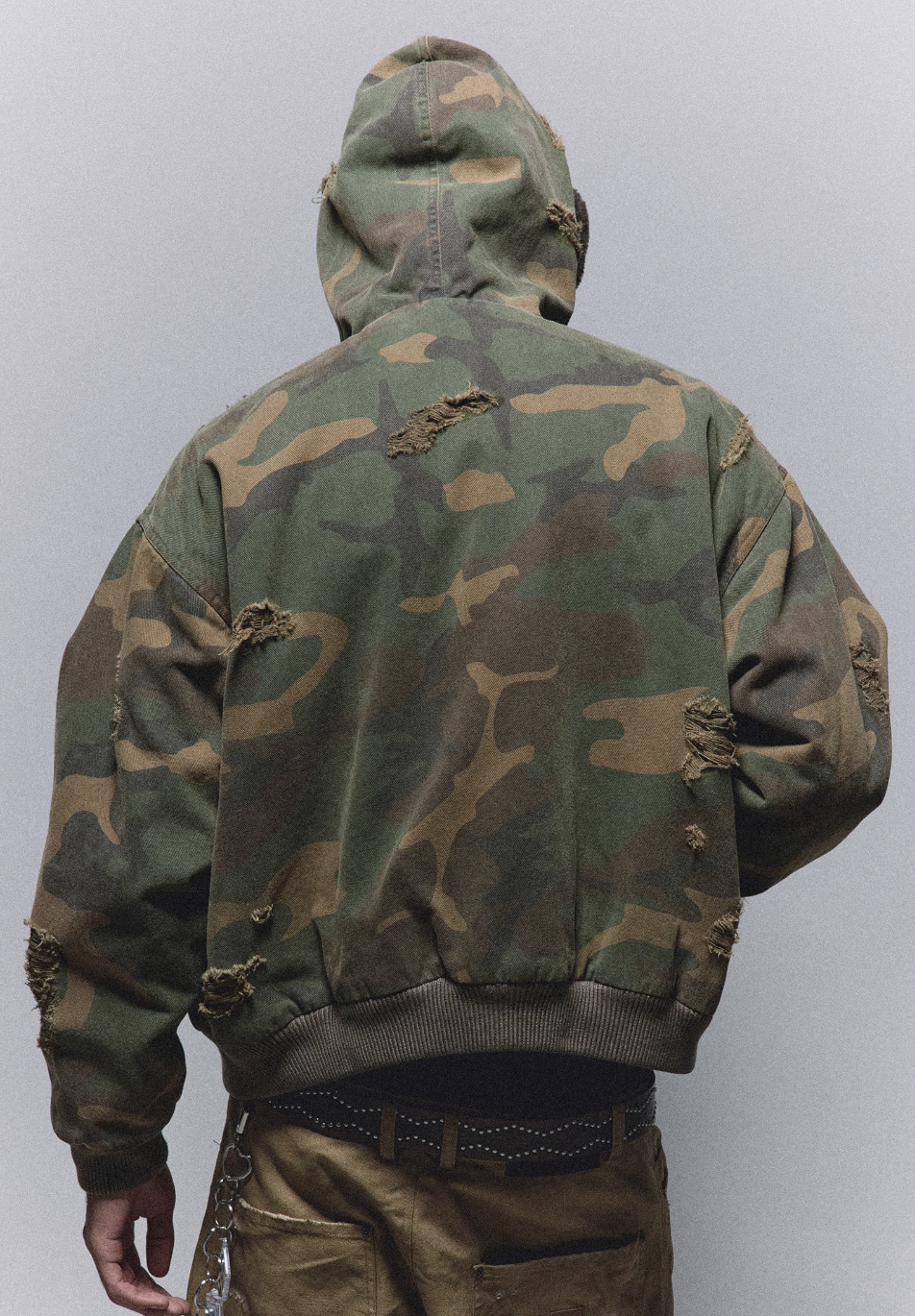 ANTIDOTE Fur Hooded Hole Washed Camouflage Jacket | Face 3 Face