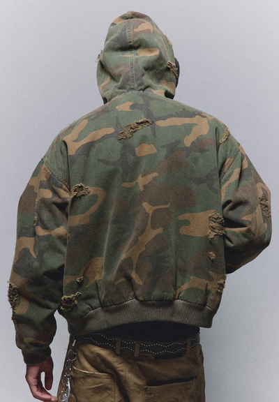 ANTIDOTE Fur Hooded Hole Washed Camouflage Jacket | Face 3 Face