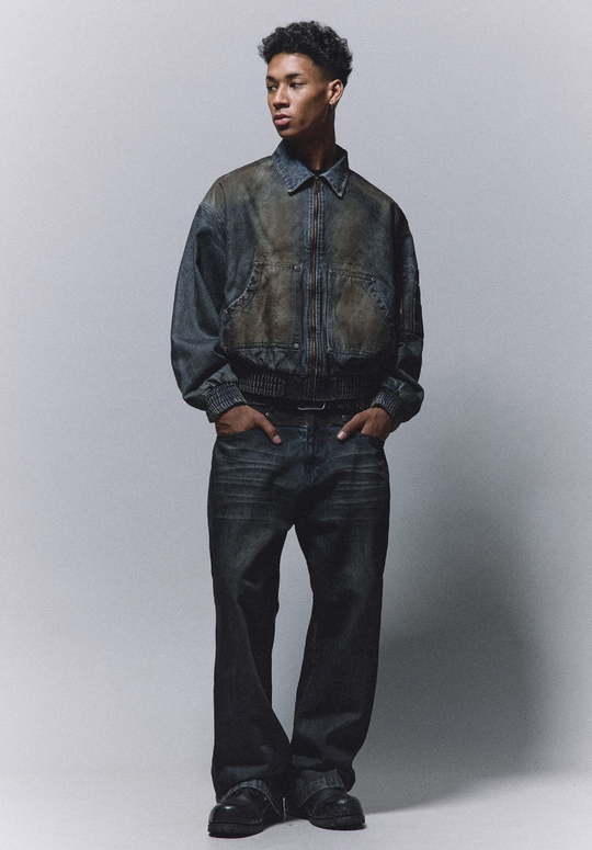 ANTIDOTE Dirty Wash MA-1 Denim Jacket | Face 3 Face