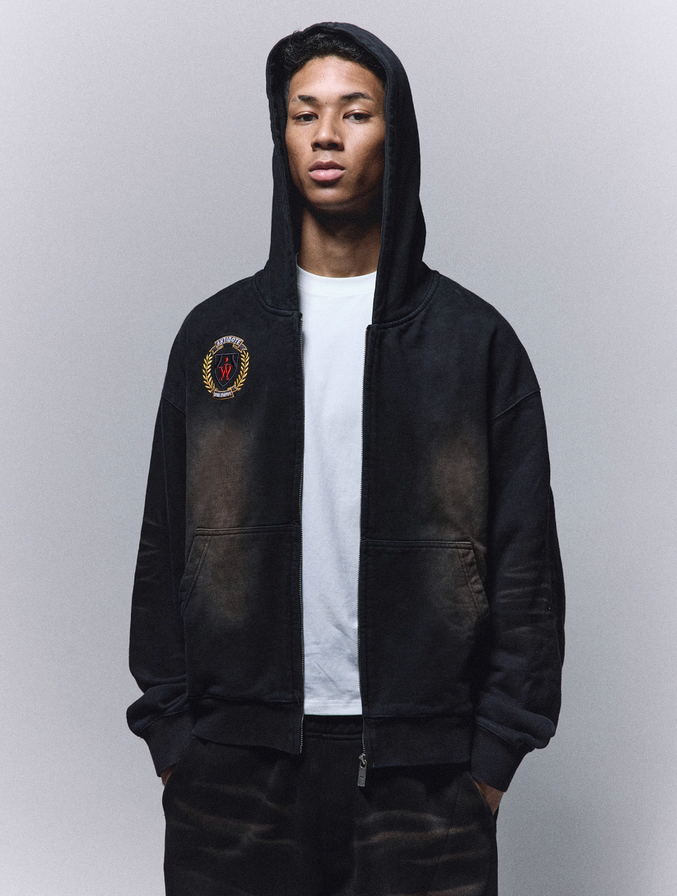 ANTIDOTE Washed Distressed Embroidery Badge Zip Up Hoodie | Face 3 Face