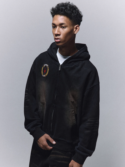 ANTIDOTE Washed Distressed Embroidery Badge Zip Up Hoodie | Face 3 Face