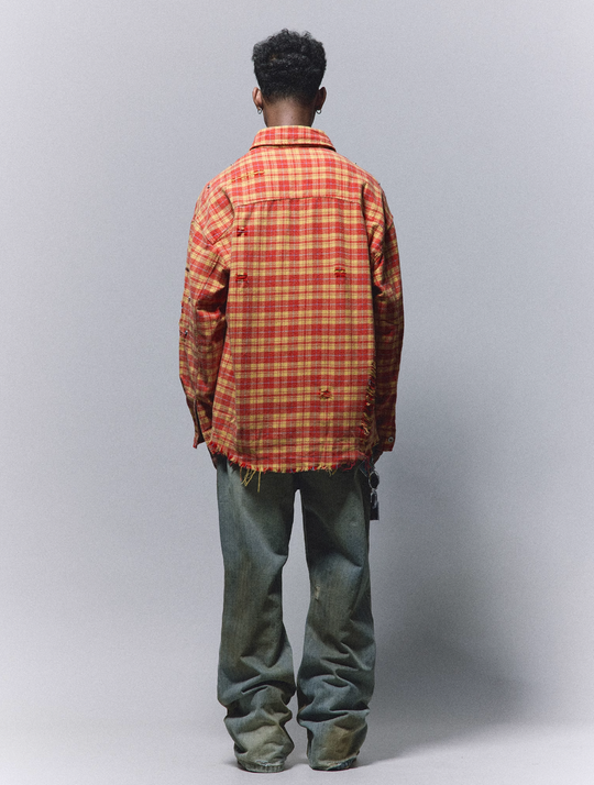 ANTIDOTE Destroyed Studded Plaid Long Sleeve Shirt | Face 3 Face