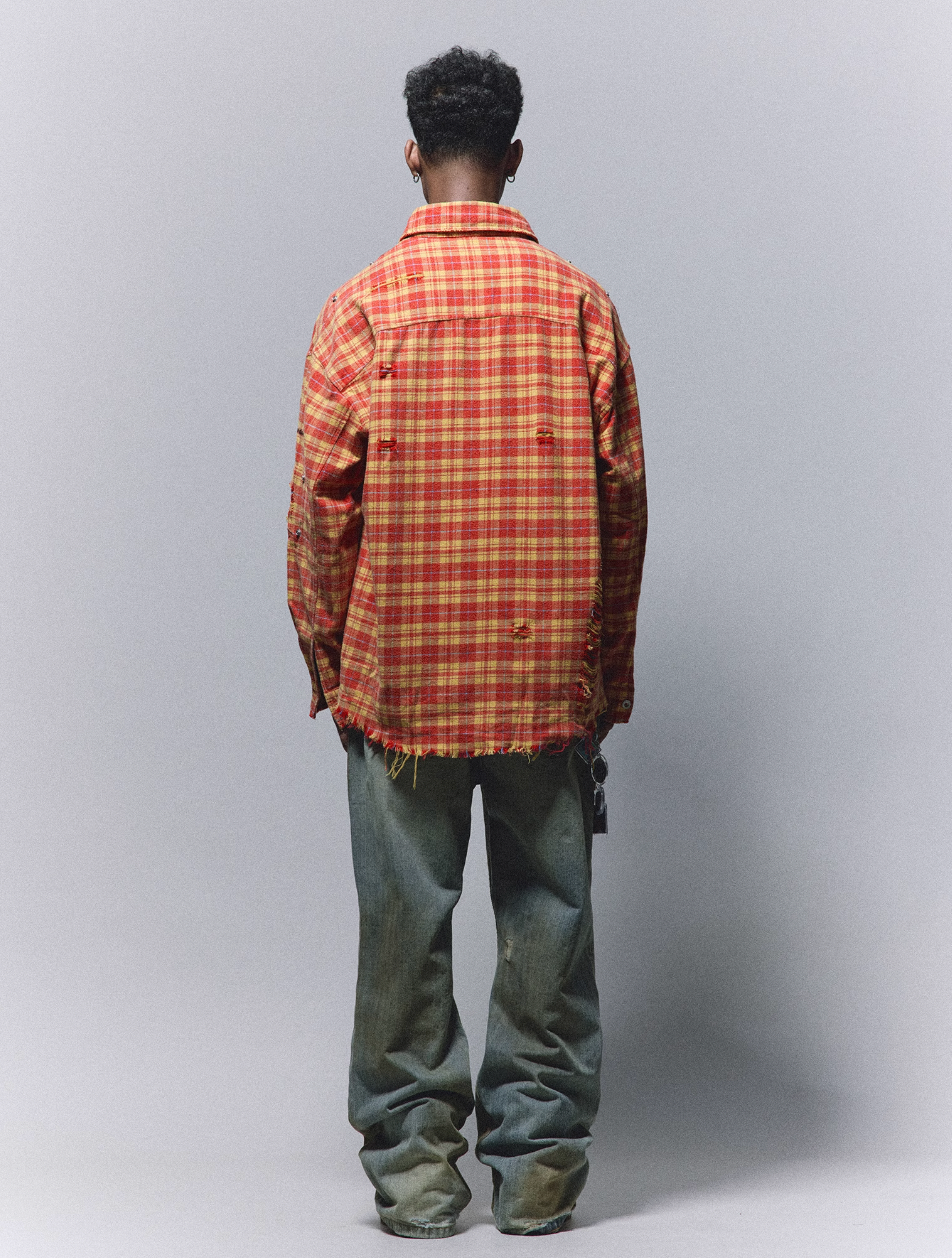 ANTIDOTE Destroyed Studded Plaid Long Sleeve Shirt | Face 3 Face