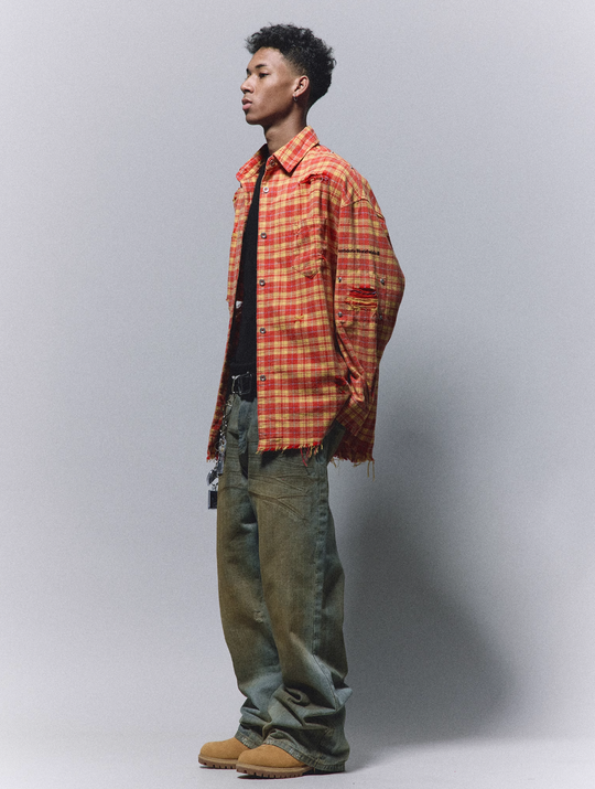 ANTIDOTE Destroyed Studded Plaid Long Sleeve Shirt | Face 3 Face