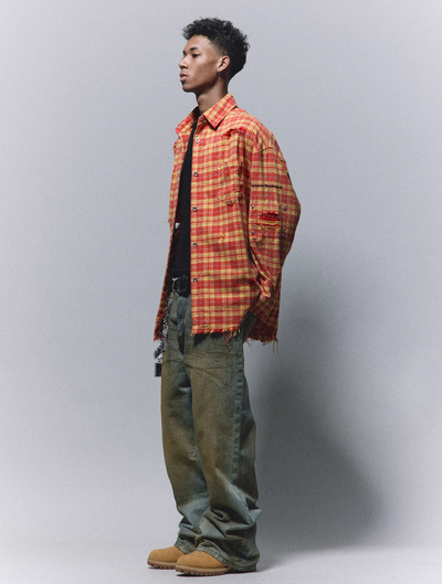 ANTIDOTE Destroyed Studded Plaid Long Sleeve Shirt | Face 3 Face