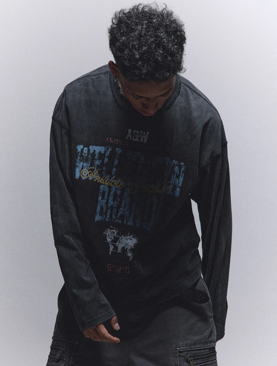 ANTIDOTE Printed Reverse Stitching Washed Long Sleeve Tee | Face 3 Face