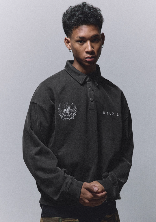 ANTIDOTE Badge Printed Washed Polo Sweatshirt | Face 3 Face