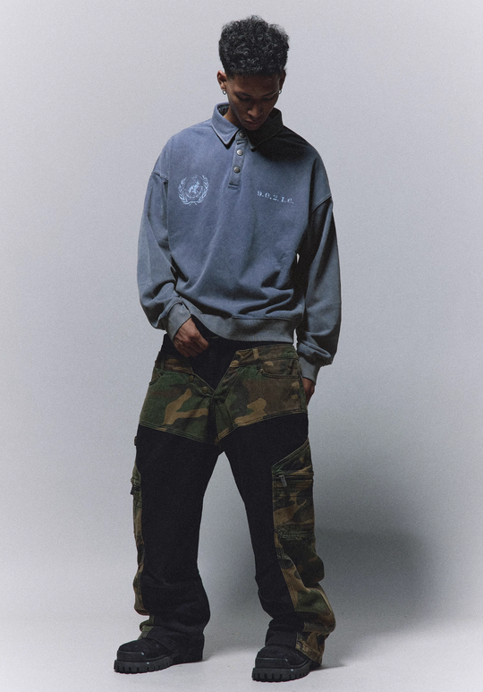 ANTIDOTE Badge Printed Washed Polo Sweatshirt | Face 3 Face