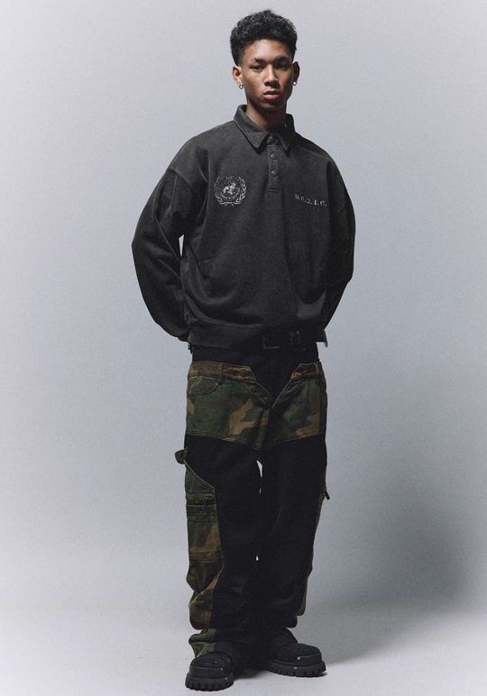 ANTIDOTE Badge Printed Washed Polo Sweatshirt | Face 3 Face