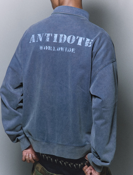 ANTIDOTE Badge Printed Washed Polo Sweatshirt | Face 3 Face