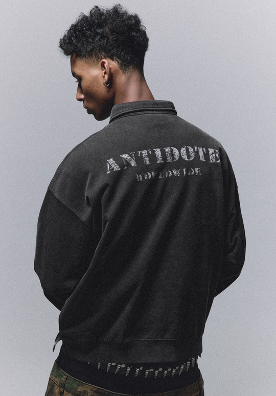 ANTIDOTE Badge Printed Washed Polo Sweatshirt | Face 3 Face