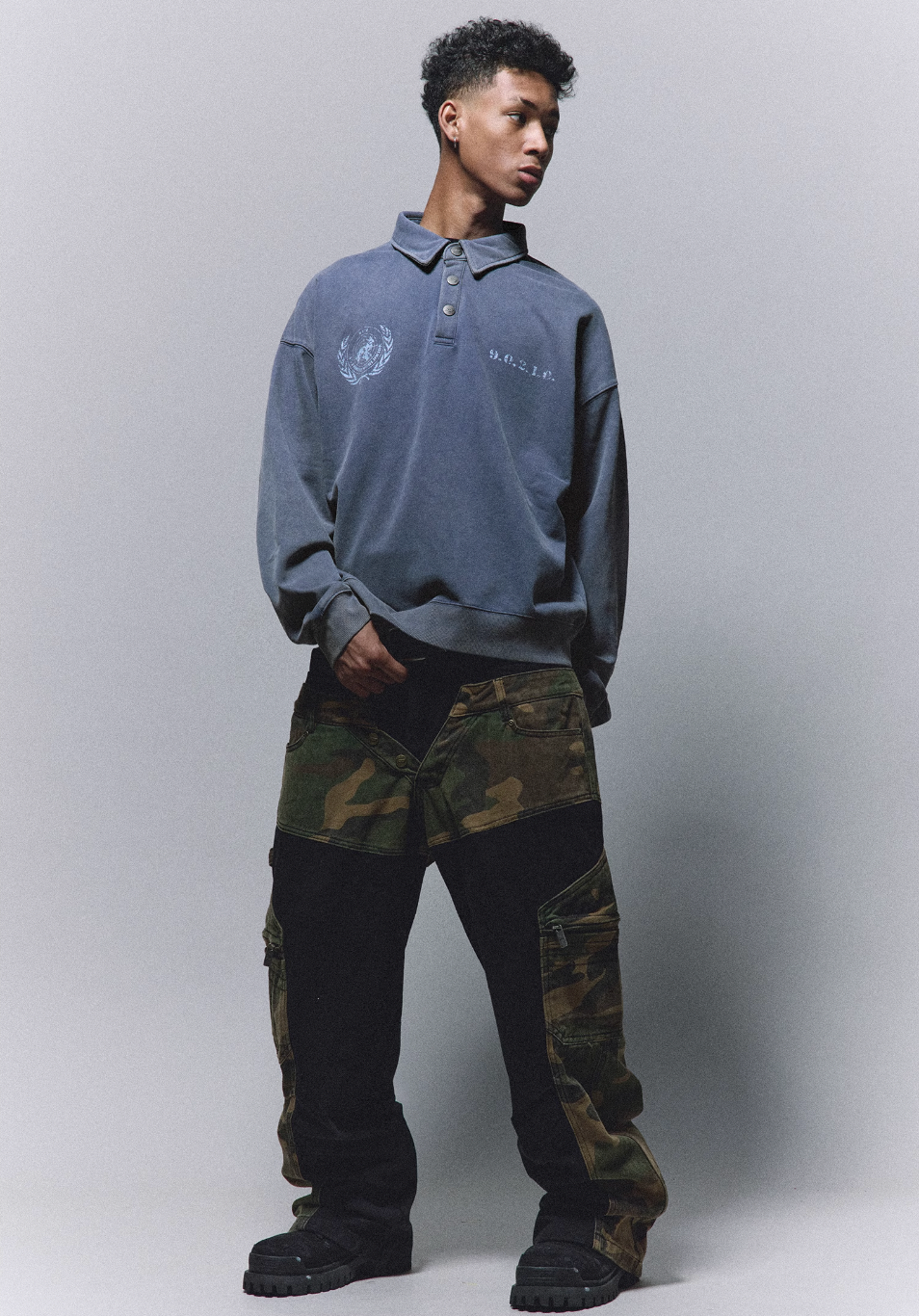ANTIDOTE Badge Printed Washed Polo Sweatshirt | Face 3 Face