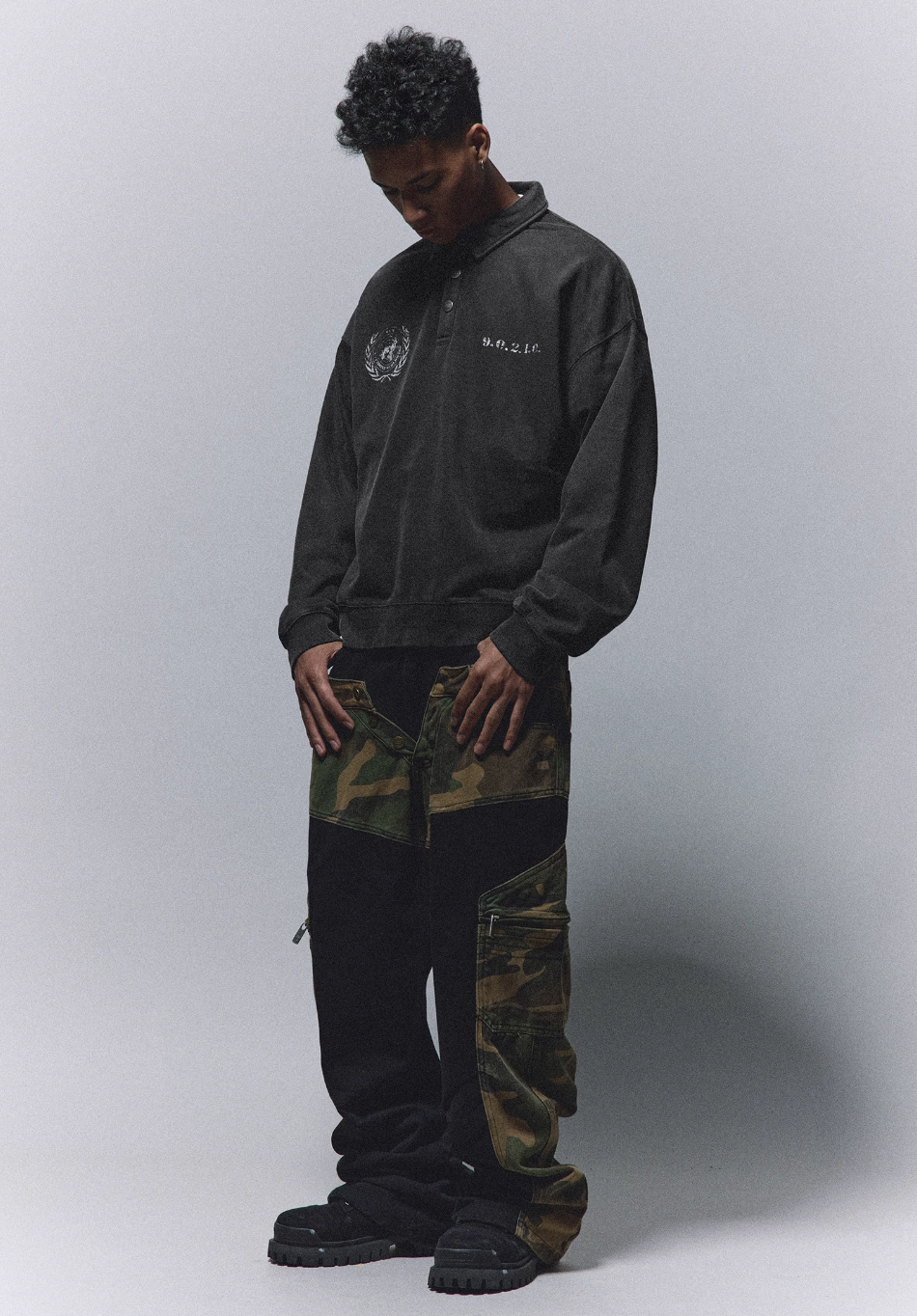 ANTIDOTE Badge Printed Washed Polo Sweatshirt | Face 3 Face